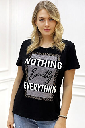 Büyük Beden Premium Pamuk Yazılı Crystal Taş Baskılı Bisiklet Yaka Rahat Şık Kadın T-shirt