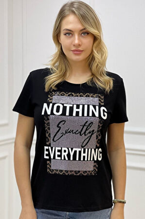 Büyük Beden Premium Pamuk Yazılı Crystal Taş Baskılı Bisiklet Yaka Rahat Şık Kadın T-shirt