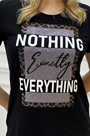 Büyük Beden Premium Pamuk Yazılı Crystal Taş Baskılı Bisiklet Yaka Rahat Şık Kadın T-shirt