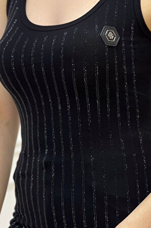 Crystal Şerit Taşlı Slim Fit Kolsuz T-shirt Kalın Askılı Siyah Kadın Atlet