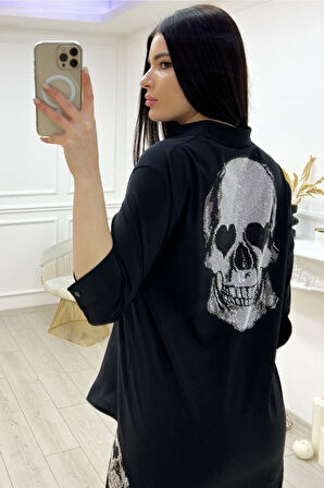 Kurukafa Crystal Taşlı Arkası Uzun Pamuklu Likralı Beyaz Kadın Gömlek