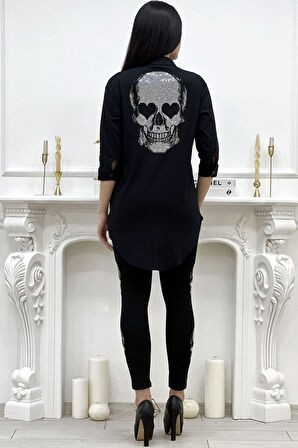 Kurukafa Crystal Taşlı Arkası Uzun Pamuklu Likralı Beyaz Kadın Gömlek