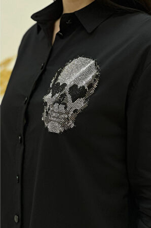 Kurukafa Crystal Taşlı Arkası Uzun Pamuklu Likralı Beyaz Kadın Gömlek