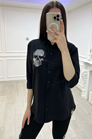 Kurukafa Crystal Taşlı Arkası Uzun Pamuklu Likralı Beyaz Kadın Gömlek