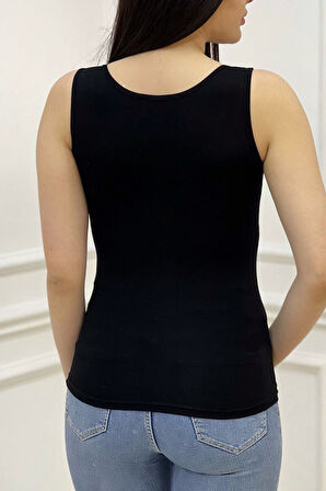 Tamamı Crystal Taşlı Dar Kesim / Slim Fit Siyah Pamuk Kadın Atlet Kalın Askılı Kolsuz T-shirt