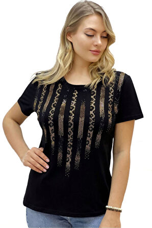 Leopar Crystal Taşlı Kısa Kol Bisiklet Yaka Büyük Beden Plus Size Pamuk Beyaz Kadın T-shirt