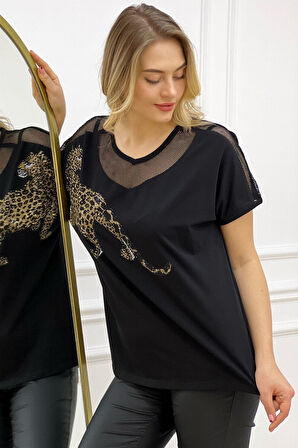 Rahat Kalıp File Detaylı Kaplan Crystal Taşlı Büyük Beden Pamuk Kadın Beyaz T-shirt