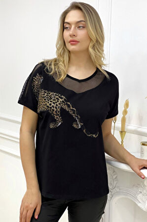 Rahat Kalıp File Detaylı Kaplan Crystal Taşlı Büyük Beden Pamuk Kadın Beyaz T-shirt