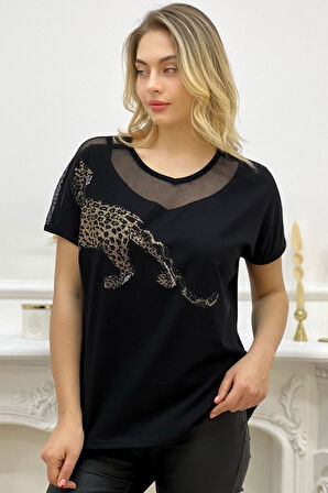 Rahat Kalıp File Detaylı Kaplan Crystal Taşlı Büyük Beden Pamuk Kadın Beyaz T-shirt