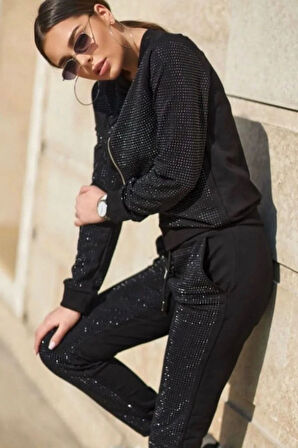 Tamamı Crystal Taşlı 2 Iplik Pamuklu Şık Siyah Uzun Kollu Fermuarlı Kadın Tasarım Eşofman Takımı