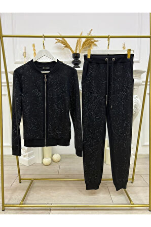 Tamamı Crystal Taşlı 2 Iplik Pamuklu Şık Siyah Uzun Kollu Fermuarlı Kadın Tasarım Eşofman Takımı