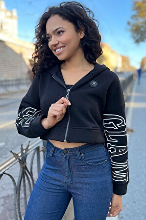 Kapüşonlu 3 Iplik Içi Polar Crop Fermuarlı Siyah Kadın Pamuk Sweatshirt