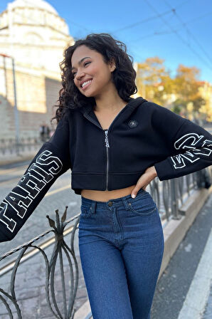 Kapüşonlu 3 Iplik Içi Polar Crop Fermuarlı Siyah Kadın Pamuk Sweatshirt
