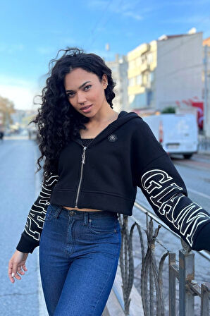 Kapüşonlu 3 Iplik Içi Polar Crop Fermuarlı Siyah Kadın Pamuk Sweatshirt