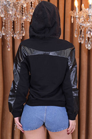 Üç Iplik Crystal Taşlı Kapüşonlu Kanguru Cepli Suni Derili Siyah Kadın Pamuk Şık Sweatshirt
