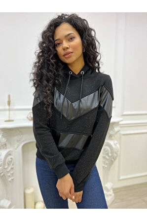 Üç Iplik Crystal Taşlı Kapüşonlu Suni Derili Siyah Kadın Pamuk Sweatshirt