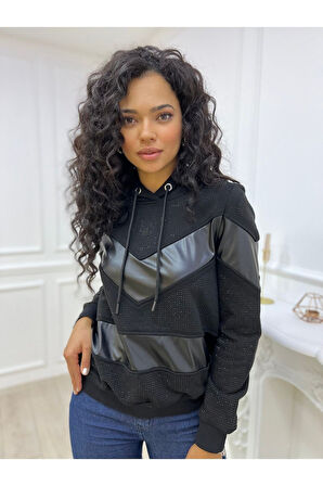 Üç Iplik Crystal Taşlı Kapüşonlu Suni Derili Siyah Kadın Pamuk Sweatshirt