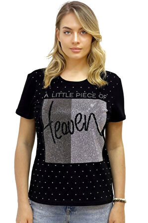 Heaven Crystal Taşlı Büyük Beden Bisiklet Yaka Pamuk Kırmızı Kadın T-Shirt L XL 2XL 3XL