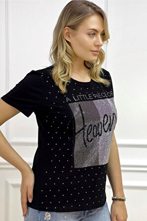 Heaven Crystal Taşlı Büyük Beden Bisiklet Yaka Pamuk Kırmızı Kadın T-Shirt L XL 2XL 3XL