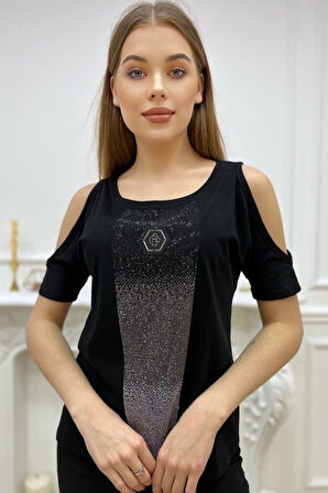 Omzu Açık Pamuk Crystal Taş Baskılı Siyah Rahat Şık Kadın T-shirt