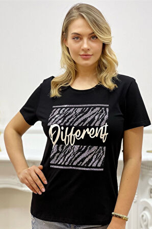 Baskılı Crystal Taşlı Bisiklet Yaka Büyük Beden Kadın T-shirt