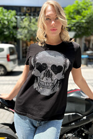 Kurukafa Crystal Taşlı Siyah Büyük Beden Pamuk Kadın T-shirt