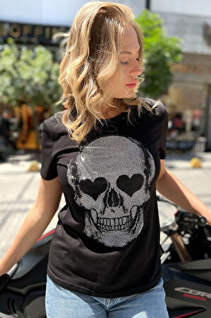 Kurukafa Crystal Taşlı Siyah Büyük Beden Pamuk Kadın T-shirt