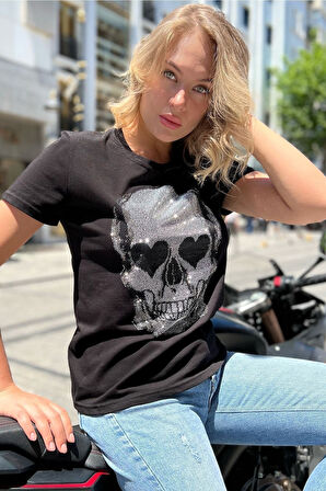 Kurukafa Crystal Taşlı Siyah Büyük Beden Pamuk Kadın T-shirt