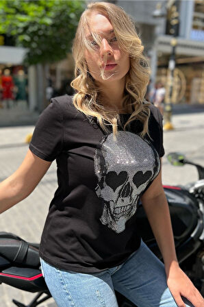 Kurukafa Crystal Taşlı Siyah Büyük Beden Pamuk Kadın T-shirt
