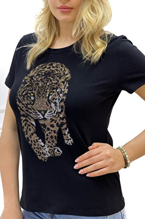 Kaplan Crystal Taşlı Büyük Beden Bisiklet Yaka Siyah Pamuk Kadın T-shirt