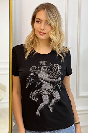 Melek Crystal Taş Desenli Bisiklet Yaka Büyük Beden Şık Pamuk Kadın T-shirt