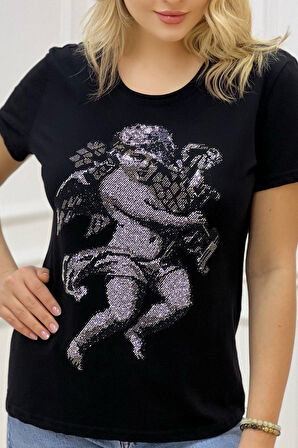 Melek Crystal Taş Desenli Bisiklet Yaka Büyük Beden Şık Pamuk Kadın T-shirt