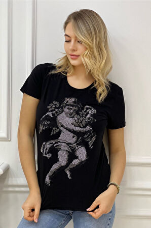 Melek Crystal Taş Desenli Bisiklet Yaka Büyük Beden Şık Pamuk Kadın T-shirt