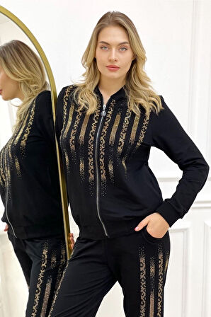 Haki Leopar Crystal Taşlı Büyük Beden Kadın Iki Iplik Pamuk Haki Eşofman Takımı