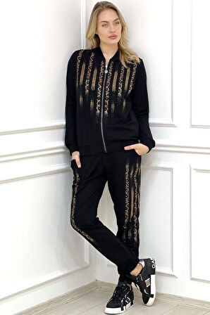 Haki Leopar Crystal Taşlı Büyük Beden Kadın Iki Iplik Pamuk Haki Eşofman Takımı