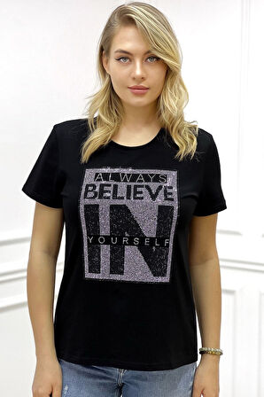 Yazılı Crystal Taş Baskılı Büyük Beden Bisiklet Yaka Kısa Kollu Pamuk Rahat Şık Beyaz Kadın T-shirt