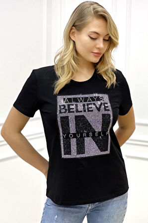 Yazılı Crystal Taş Baskılı Büyük Beden Bisiklet Yaka Kısa Kollu Pamuk Rahat Şık Beyaz Kadın T-shirt