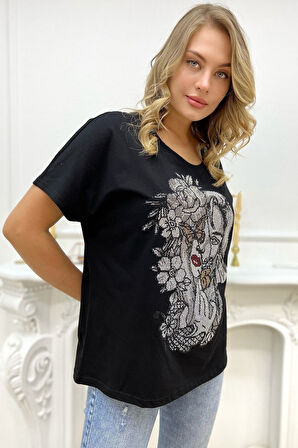 Bol Kesim Crystal Taşlı Büyük Beden Bisiklet Yaka Pamuk Siyah Kadın T-shirt