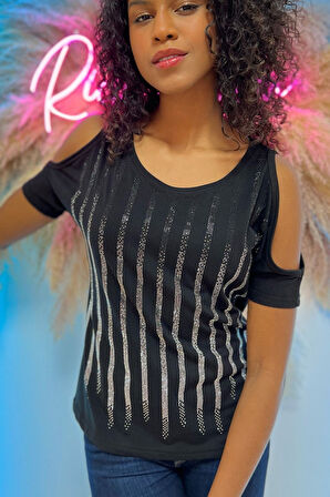 Omzu Açık Crystal Taş Baskılı Pamuklu Kısa Kollu Şık Tasarım Siyah Kadın T-shirt M L Xl 2xl