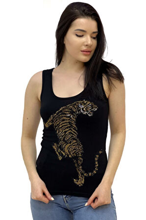 Leopar Crystal Taş Baskılı Dar Kesim / Slim Fit Pamuk Kadın Kolsuz Tshirt Kalın Askılı Atlet