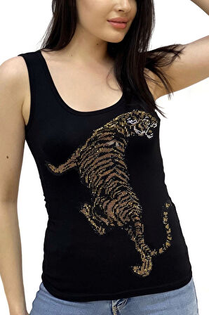 Leopar Crystal Taş Baskılı Dar Kesim / Slim Fit Pamuk Kadın Kolsuz Tshirt Kalın Askılı Atlet