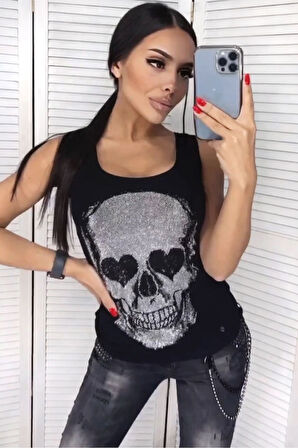 Dar Kesim Kurukafa Crystal Taş Baskılı Tasarım Pamuk Kadın Kalın Askılı Kolsuz T-shirt Atlet Sarı