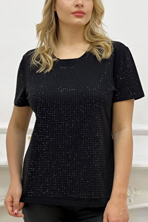 Tamamı Crystal Taşlı Büyük Beden Bisiklet Yaka Pamuk Şık Kadın T-Shirt