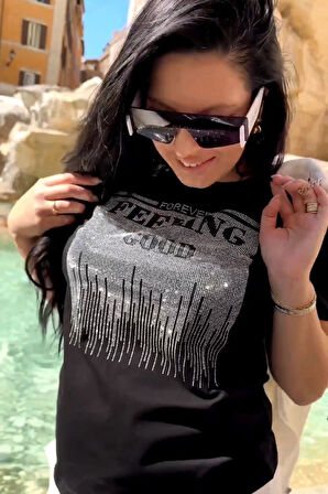 Crystal Taşlı Büyük Beden Bisiklet Yaka Kısa Kollu Pamuk Şık Kadın T-Shirt