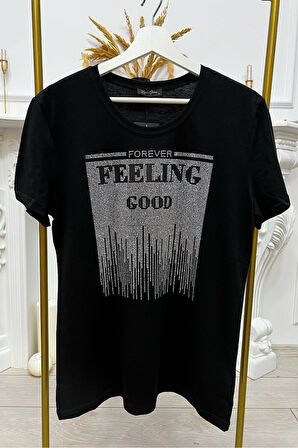 Crystal Taşlı Büyük Beden Bisiklet Yaka Kısa Kollu Pamuk Şık Kadın T-Shirt