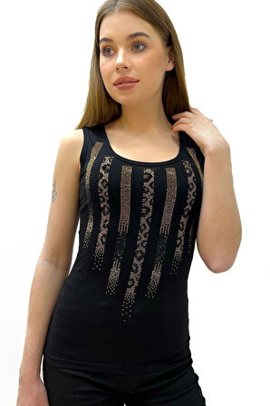 Dar Kesim / Slim Fit Leopar Taş Baskılı Siyah Pamuk Kadın Şık Atlet Kalın Askılı Kolsuz T-shirt