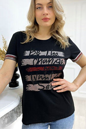 Büyük Beden Renkli Yazılı Crystal Taşlı Kısa Kol Bisiklet Yaka Şık Rahat Pamuk Siyah Kadın T-shirt