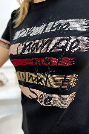 Büyük Beden Renkli Yazılı Crystal Taşlı Kısa Kol Bisiklet Yaka Şık Rahat Pamuk Siyah Kadın T-shirt