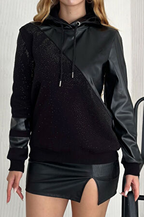 Derili Kapüşonlu Crystal Taşlı Üç Iplik Pamuk Şık Tasarım Siyah Kadın Sweatshirt