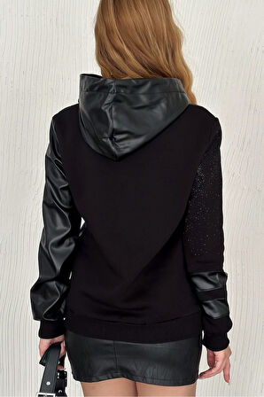 Derili Kapüşonlu Crystal Taşlı Üç Iplik Pamuk Şık Tasarım Siyah Kadın Sweatshirt